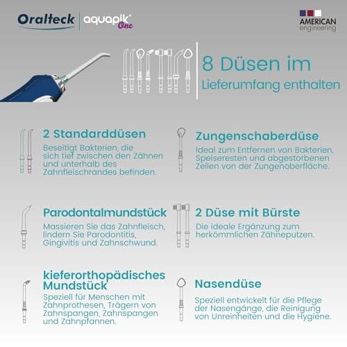 Aquapik One przenośny irygator stomatologiczny i nosowy. Zawiera 8 wielofunkcyjnych dysz. 5 trybów użytkowania. Pojemność 300 ml. Akumulator Zalecane dla całej rodziny (niebieski) - obrazek 2
