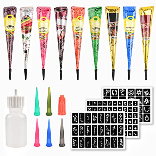 YUXUAN Temporäres Tattoo Set, 9 Farben Temporäre Tattoos Cone, 108 teiliges Schablonenmuster Sets, 1 Applikatorflasche und 5 Kunststoffdüsen, Tattoo Zeichenset für Halloween, Weihnachten, Party.