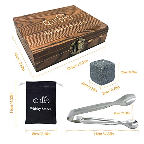 Zestaw kamieni do whisky w drewnianym pudełku - 9 kostek lodu wielokrotnego użytku, szczypce i woreczek prezentowy - obrazek 7