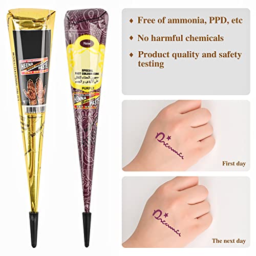 YUXUAN Temporäres Tattoo Set, 9 Farben Temporäre Tattoos Cone, 108 teiliges Schablonenmuster Sets, 1 Applikatorflasche und 5 Kunststoffdüsen, Tattoo Zeichenset für Halloween, Weihnachten, Party. - obrazek 6