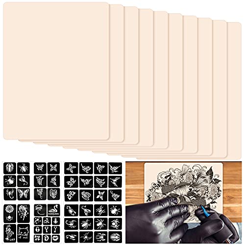 10 Stück Tattoo Übungshaut, Tattoo Skin Practice Doppel Seiten Tattoo mit 2 Stück Temporäre Tattoo Schablonen, Gefälschte Silikonhaut zum Temporären Tätowieren für Anfänger und Tätowierer