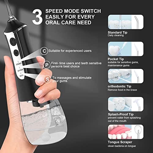 Water Flosser bezprzewodowy środek do czyszczenia zębów 350 ml przenośny bezprzewodowy irygator jamy ustnej do pielęgnacji zębów użytku domowego i podróży 3 tryby z 5 końcówkami strumieniowymi i - obrazek 7