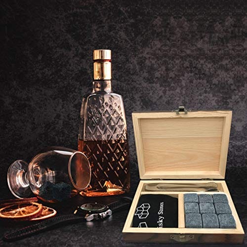 Zestaw kamieni do whisky w drewnianym pudełku - 9 kostek lodu wielokrotnego użytku, szczypce i woreczek prezentowy - obrazek 5