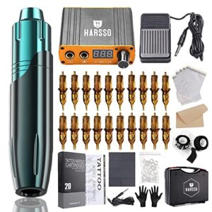 Harsso Tattoo Machine Set, Rotary Pen Tätowiermaschine set mit 20 Cartridgenadeln/Netzteil/Fußpedal/Fake Haut und Box, Komplettes Tattoo-Kit für Tätowierer und Anfänger Blau