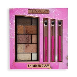 Zestaw do makijażu Revolution Shimmer Glam Eye - 3 pełnoklatkowe pędzle i paleta cieni do powiek