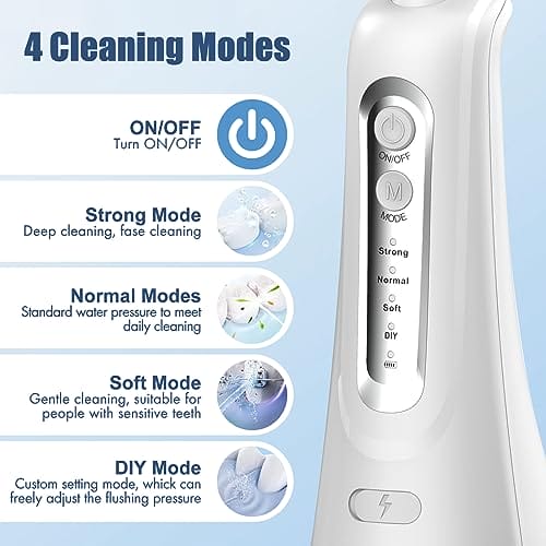 Bezprzewodowy irygator do jamy ustnej 4 tryby czyszczenia 4 końcówki jet wodoszczelność IPX7 i ładowanie przez USB elektryczne urządzenie do czyszczenia zębów w podróży i Homful dla ortopedów do - obrazek 8