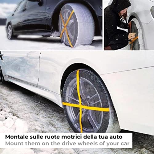 BSSTORE Uniwersalne skarpety śniegowe wielokrotnego użytku łańcuchy śnieżne z tkaniny R13 do R18 | Zestaw 2 sztuk dla kół napędowych (Rozmiar S) - Lekkie i łatwe w montażu łańcuchy śnieżne dla samochodów z napędem, w zestawie rękawiczki - obrazek 3