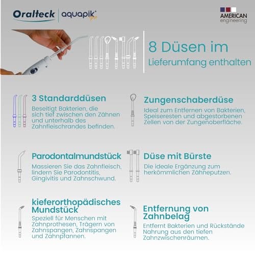 Aquapik Pro - nawadniacz do jamy ustnej - profesjonalny irygator stomatologiczny 8 dysz 10 poziomów mocy zbiornik 600 ml. woda i torba podróżna zalecana przez dentystów (biały) - obrazek 2