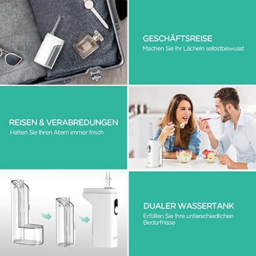 VOYOR WF500 mini irygator do ust bezprzewodowy przenośny do ponownego ładowania wodoszczelny IPX7 do usuwania płytki nazębnej z 2 zdejmowanymi zbiornikami do domu i w podróży do czyszczenia szelek - obrazek 3