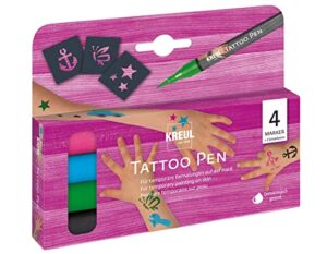 KREUL 62171 - Tattoo Pen Set, 4 Stifte und 3 Schablonen, Kosmetiktinte auf Wasserbasis, hält bis zu 5 Tage, dermatologisch getestet, vegan, parabenfrei