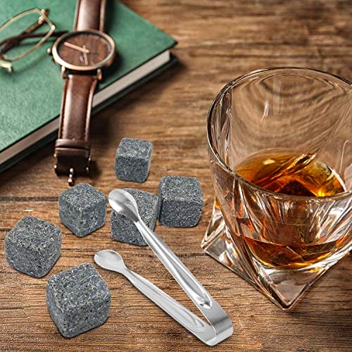 Zestaw kamieni do whisky w drewnianym pudełku - 9 kostek lodu wielokrotnego użytku, szczypce i woreczek prezentowy - obrazek 6