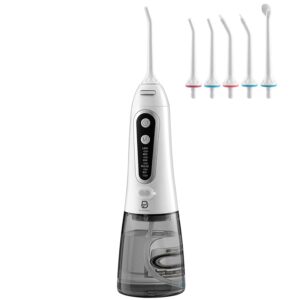 Flosser wody do zębów 300 ml bezprzewodowy przenośny środek do czyszczenia zębów do zbierania wody 5 modele i 5 końcówki strumieniowe wodoodporne IPX7 zatwierdzone przez FDA USB do ładowania oralny irygator do podróży biura użytku domowego (biały)