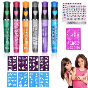 Tattoo Stifte 6 Farben Glitzer Set für Kinder, Tattoo Stifte für die Haut, mit 9 Schablone und 2 Blätter Glitzersteine Gesicht, Gelstifte Set für Halloween Party, Kinder Geschenk