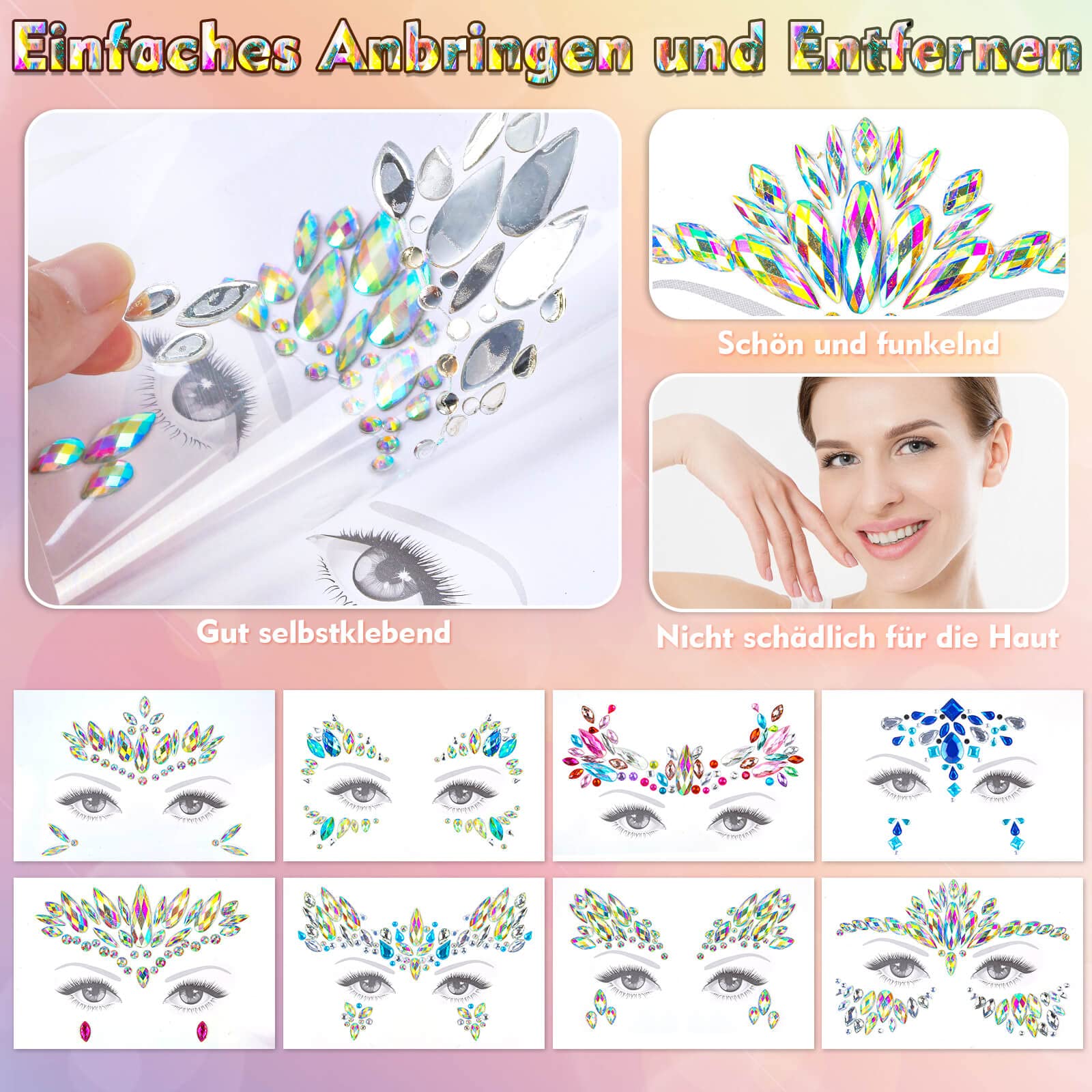 Zestaw 8 błyszczących kamyczków na twarz, festiwal, brokatowe kamyczki - obrazek 4