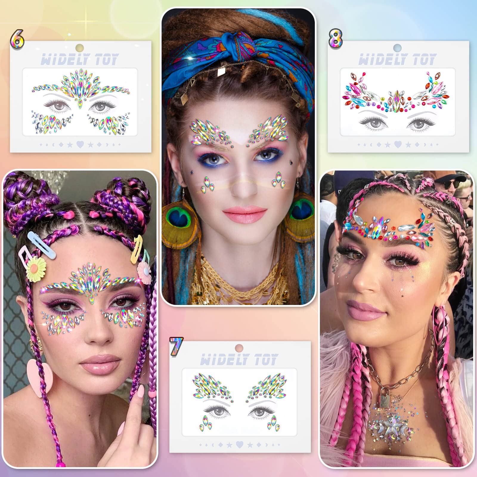 Zestaw 8 błyszczących kamyczków na twarz, festiwal, brokatowe kamyczki - obrazek 5